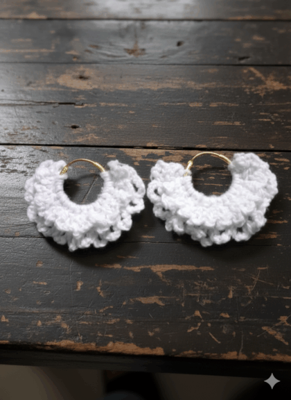 White Ruffle Crochet Hoop Earrings
